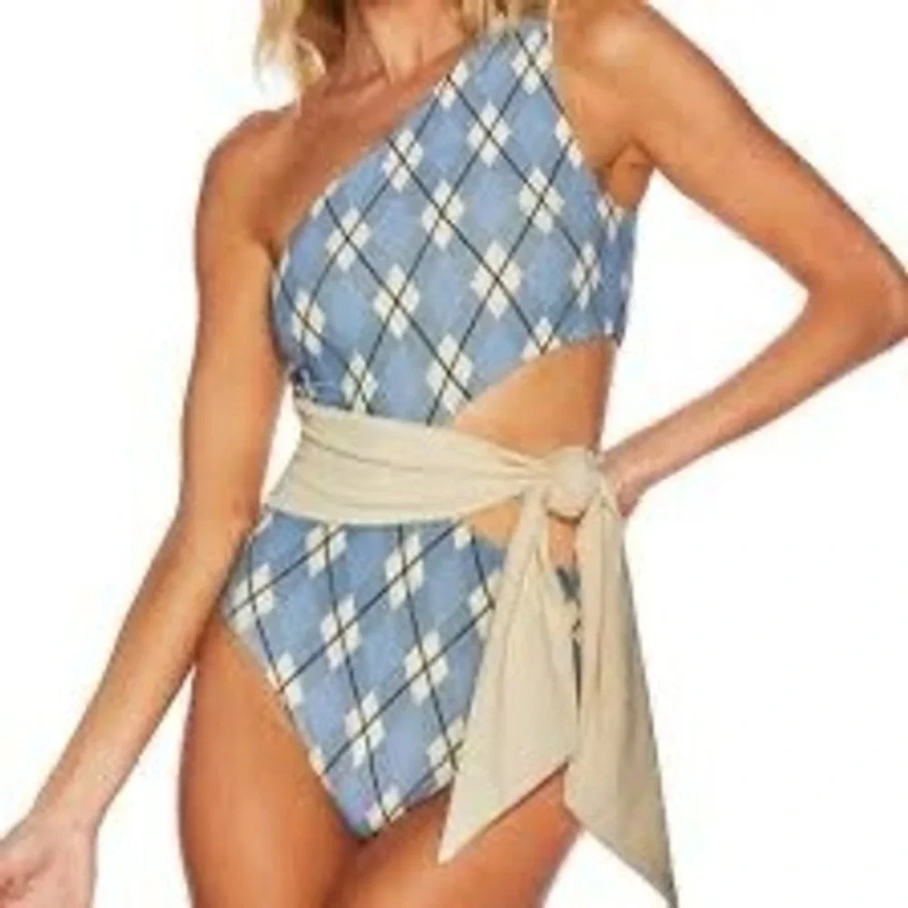 Beach Riot Alexis Argyle Side Tie Bikini Bottom Blue White - Size‎ L